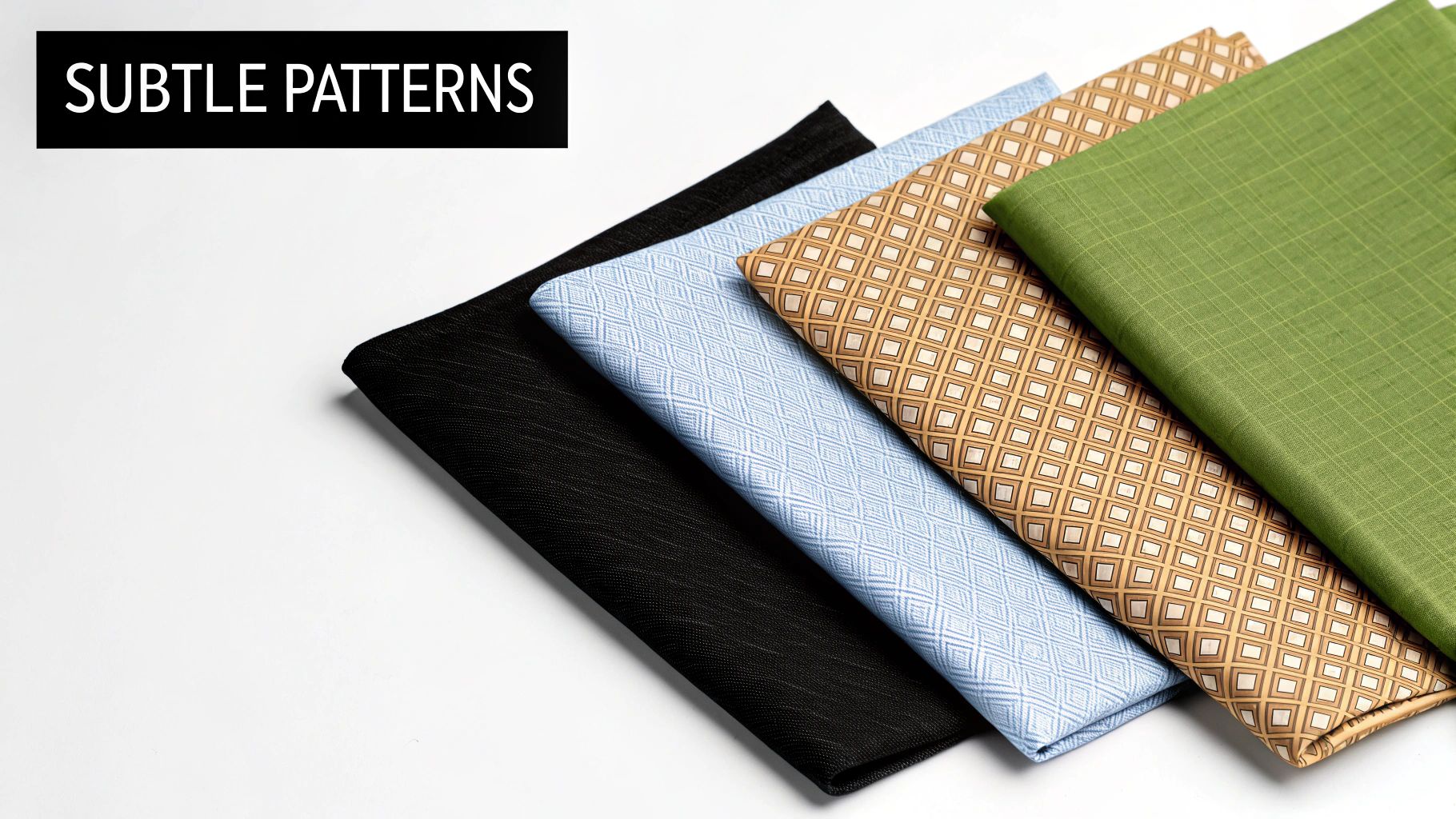 Four folded fabric swatches in black, blue, tan, and green, displaying subtle patterns on a white background.