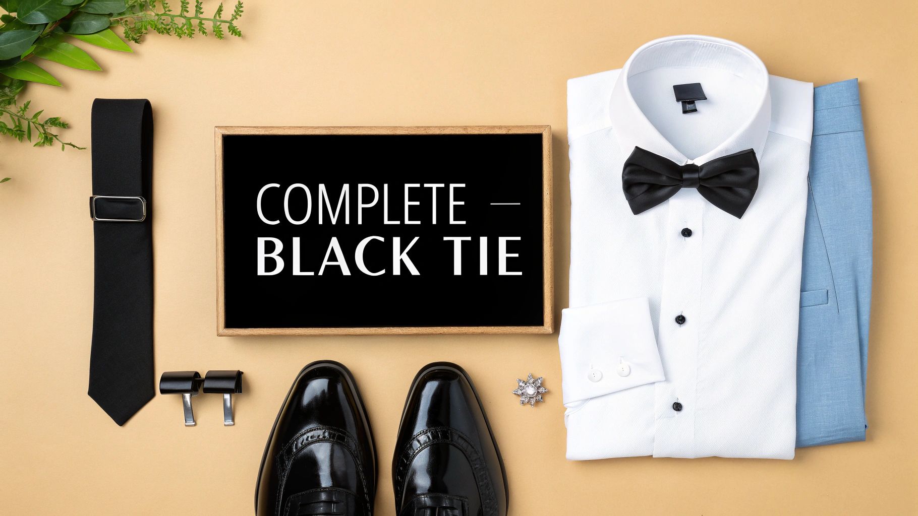 Flat lay of complete black tie wedding attire, including a white shirt, bow tie, shoes, and cufflinks.