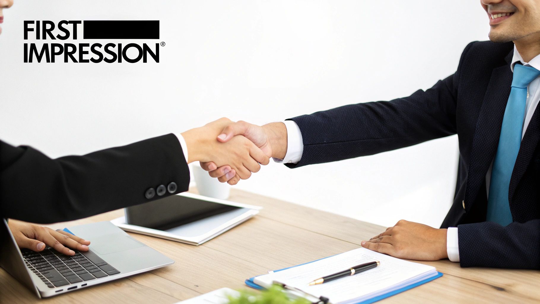 Two business professionals shake hands across a table with a laptop, tablet, and documents, symbolizing a successful first impression.