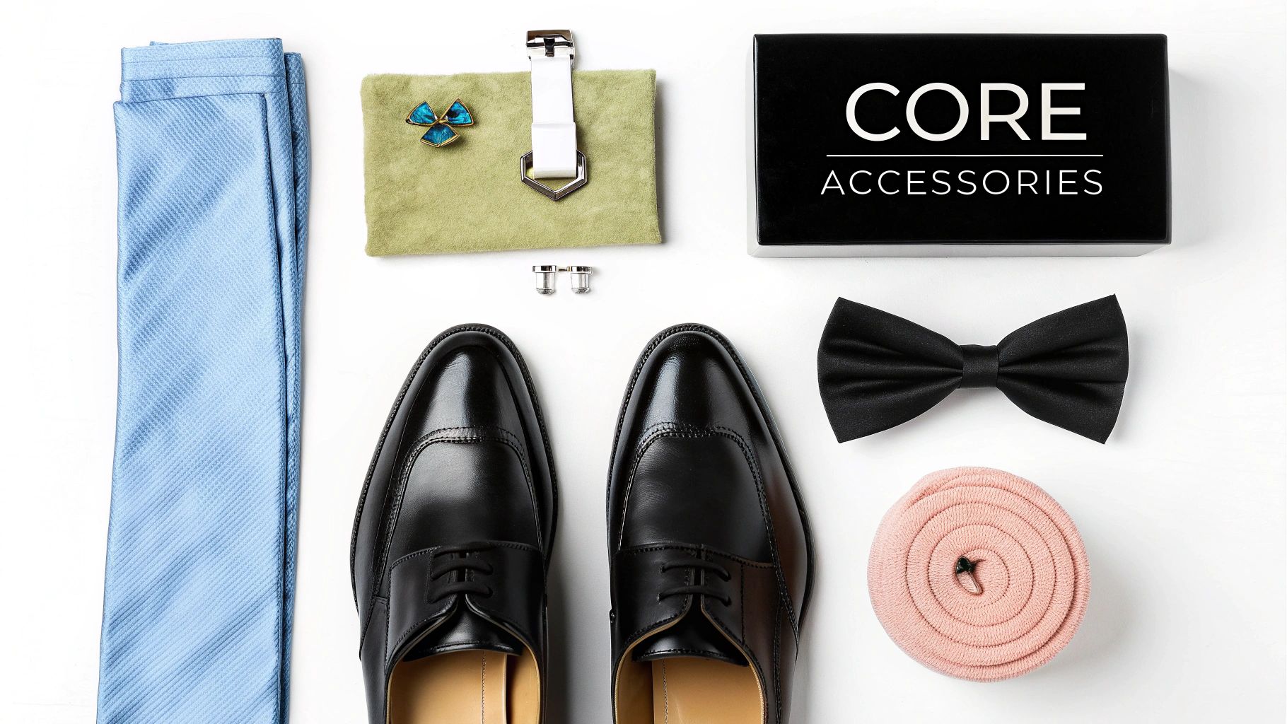 A sophisticated flat lay of men's formal accessories, including shoes, ties, cufflinks, and a watch.