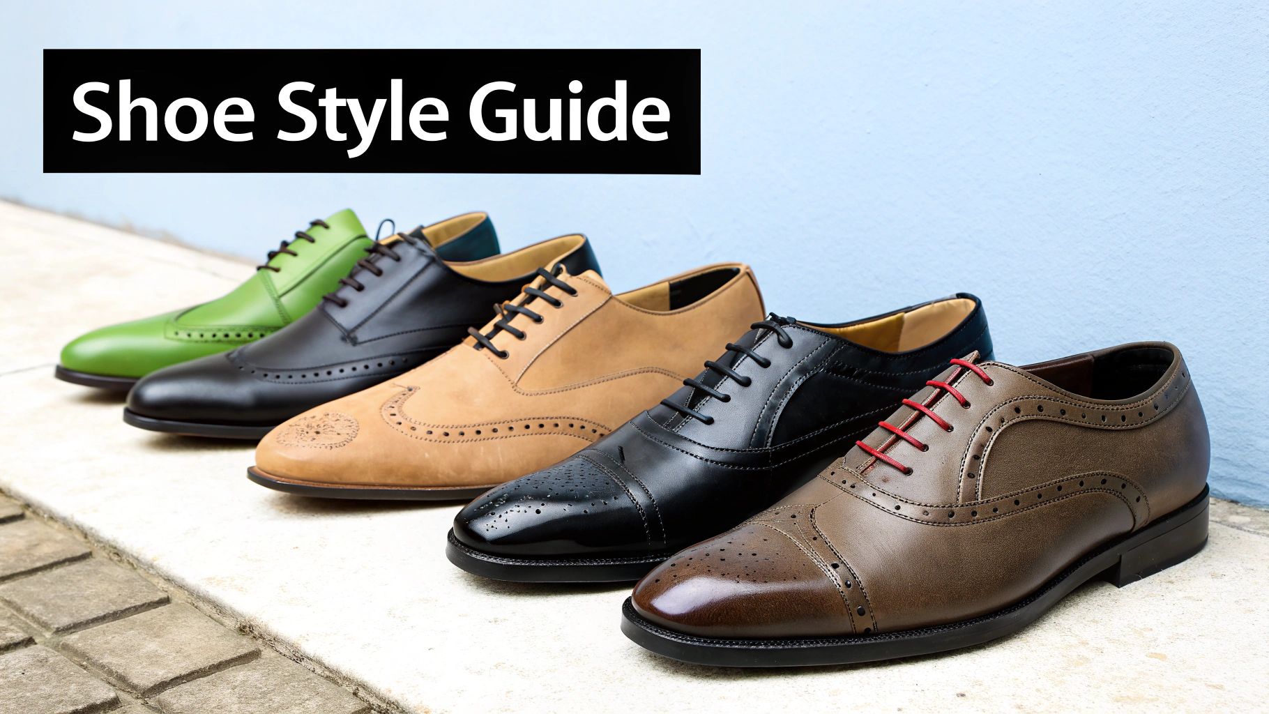 A line of five different men's dress shoes in green, black, tan, and brown, for a style guide.
