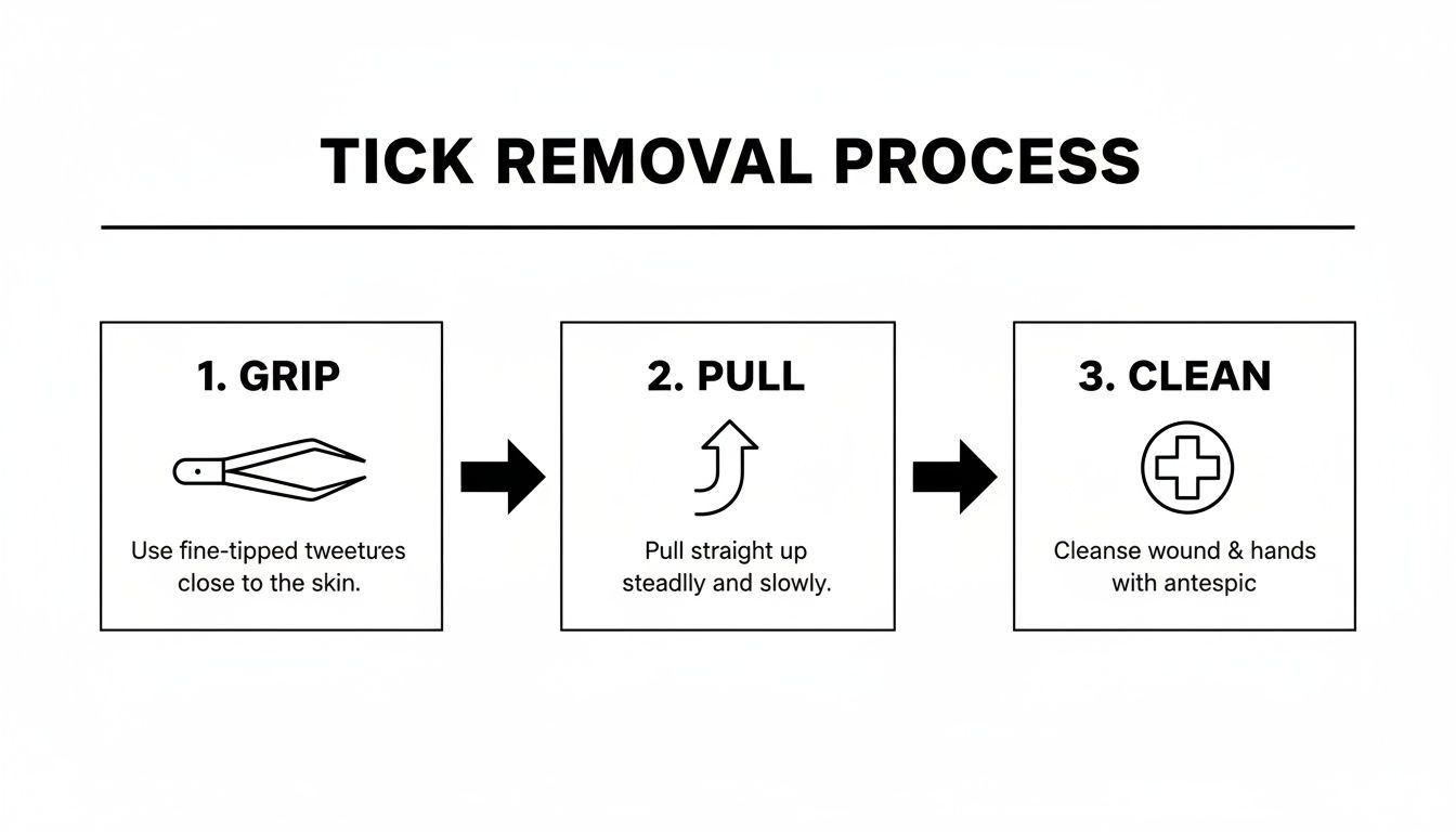 A three-step diagram illustrating the proper process for safe tick removal from skin.