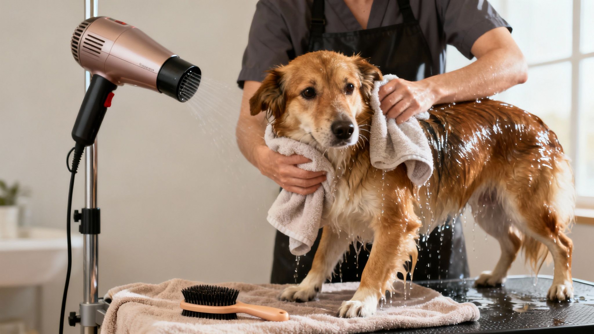 A person drying a wet golden retriever dog with a towel and a hairdryer after a bath.