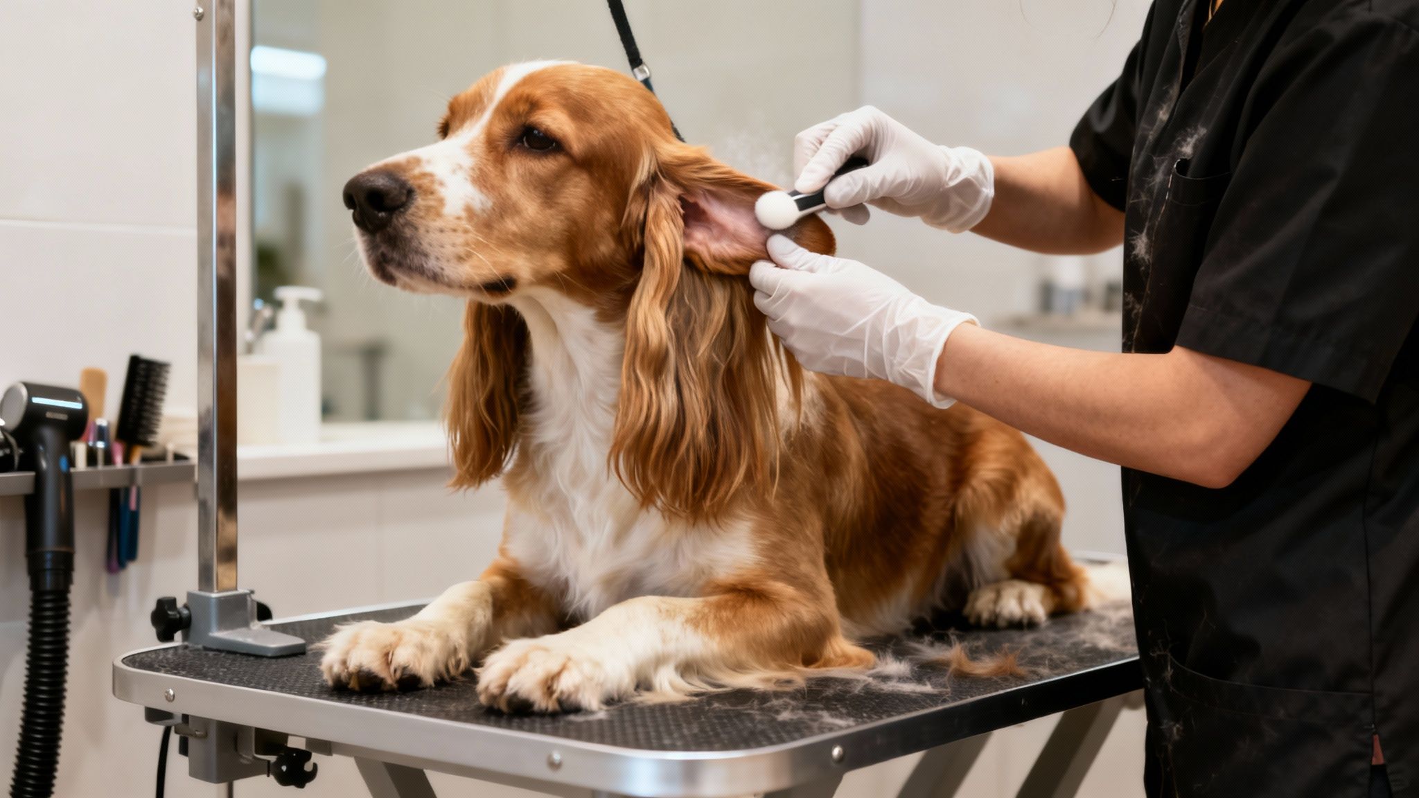 A groomer in white gloves cleans a cocker spaniel's ear with powder on a pet grooming table.