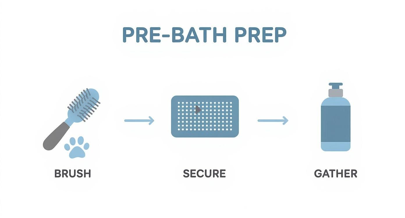 An infographic illustrating three pre-bath preparation steps: brush, secure the mat, and gather supplies.