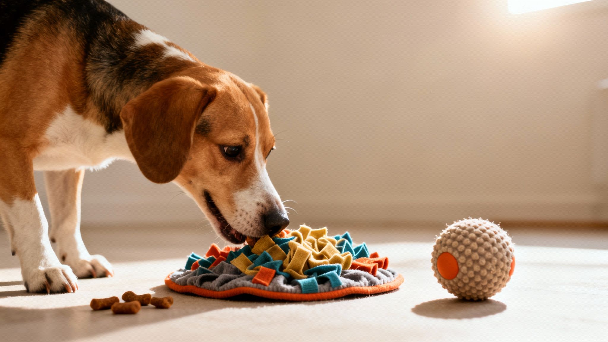 A happy beagle dog sniffs a colorful snuffle mat for treats, with a textured ball nearby.