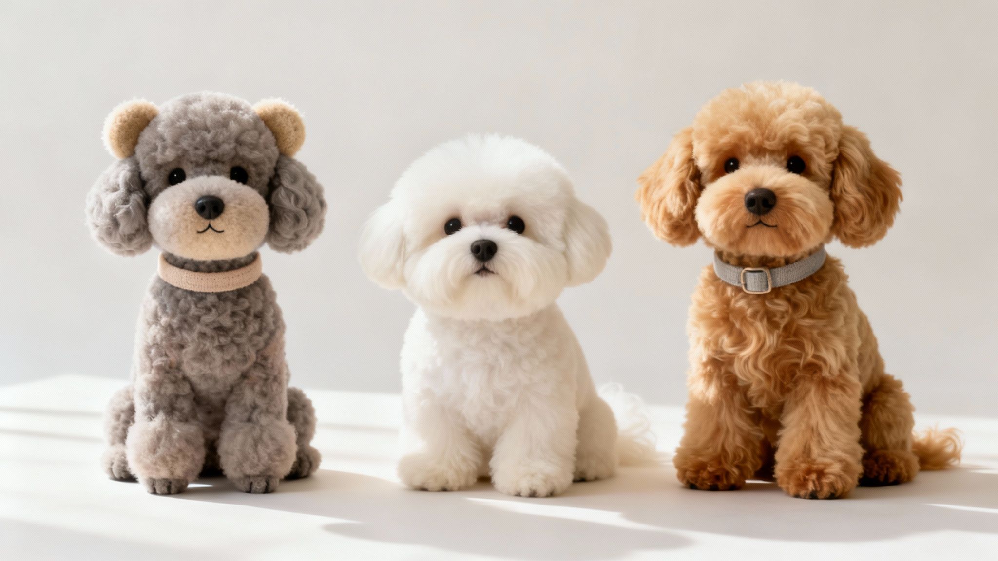 Three adorable fluffy dogs: a grey poodle, a white bichon frise, and a brown poodle.