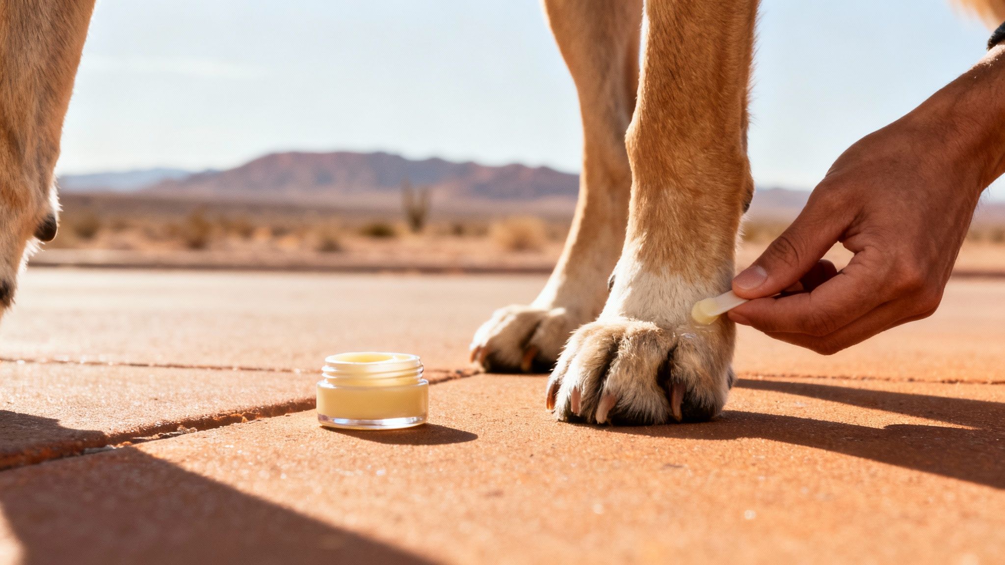 A person applies paw balm to a dog's front paw in a desert landscape.