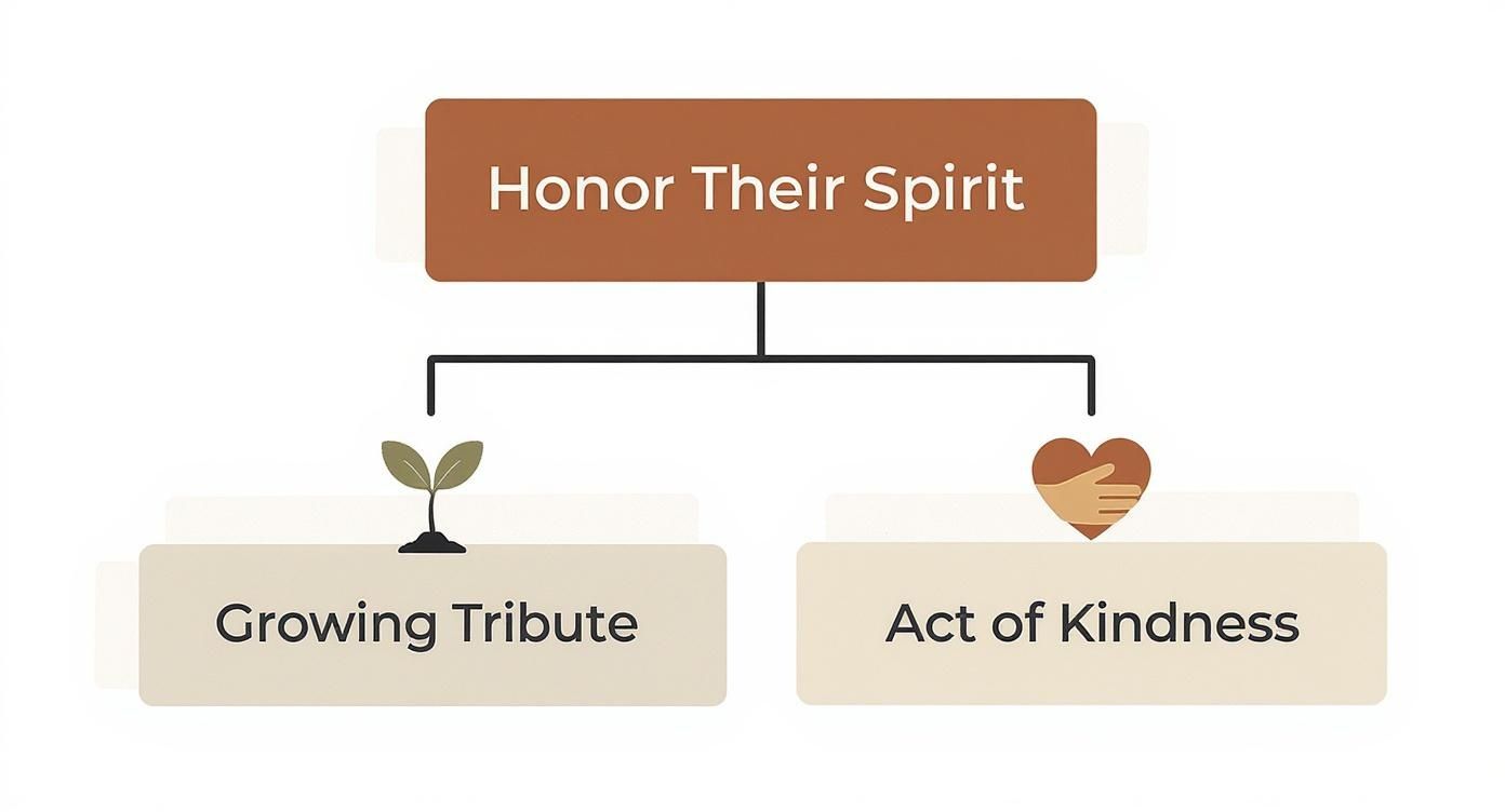 A flowchart showing how to honor a spirit through a growing tribute or an act of kindness.