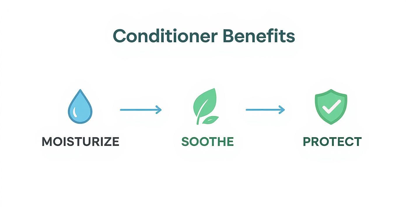 Infographic displaying conditioner benefits: moisturize (water drop), soothe (leaves), and protect (shield with checkmark).