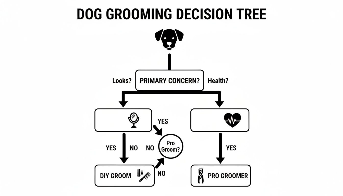 A dog grooming decision tree flow chart guiding users based on primary concerns: looks or health.