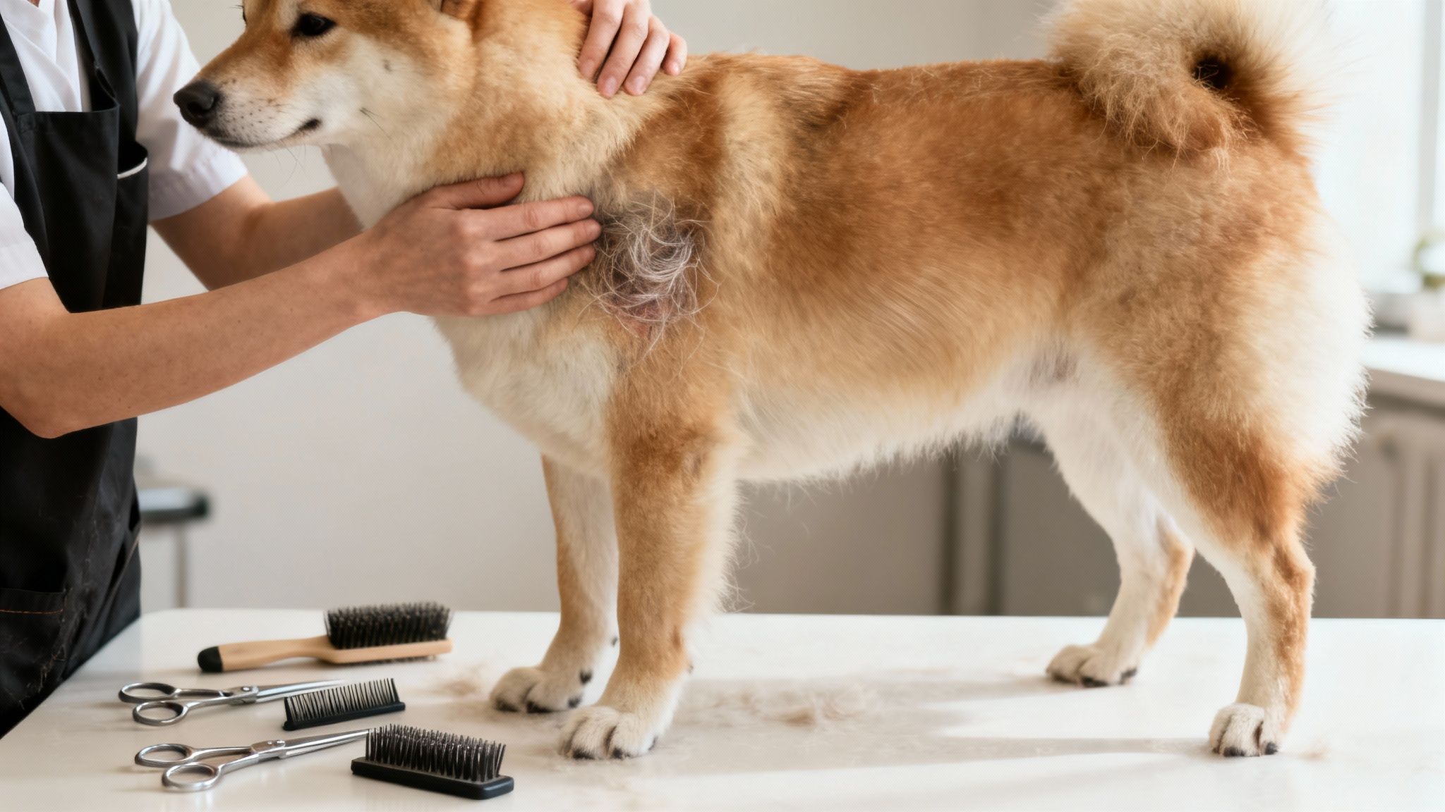 A person grooms a Shiba Inu dog on a white table with brushes and loose fur.