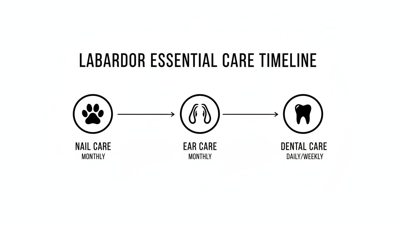 A timeline outlining essential care for Labradors, featuring monthly nail and ear care, and daily/weekly dental care.
