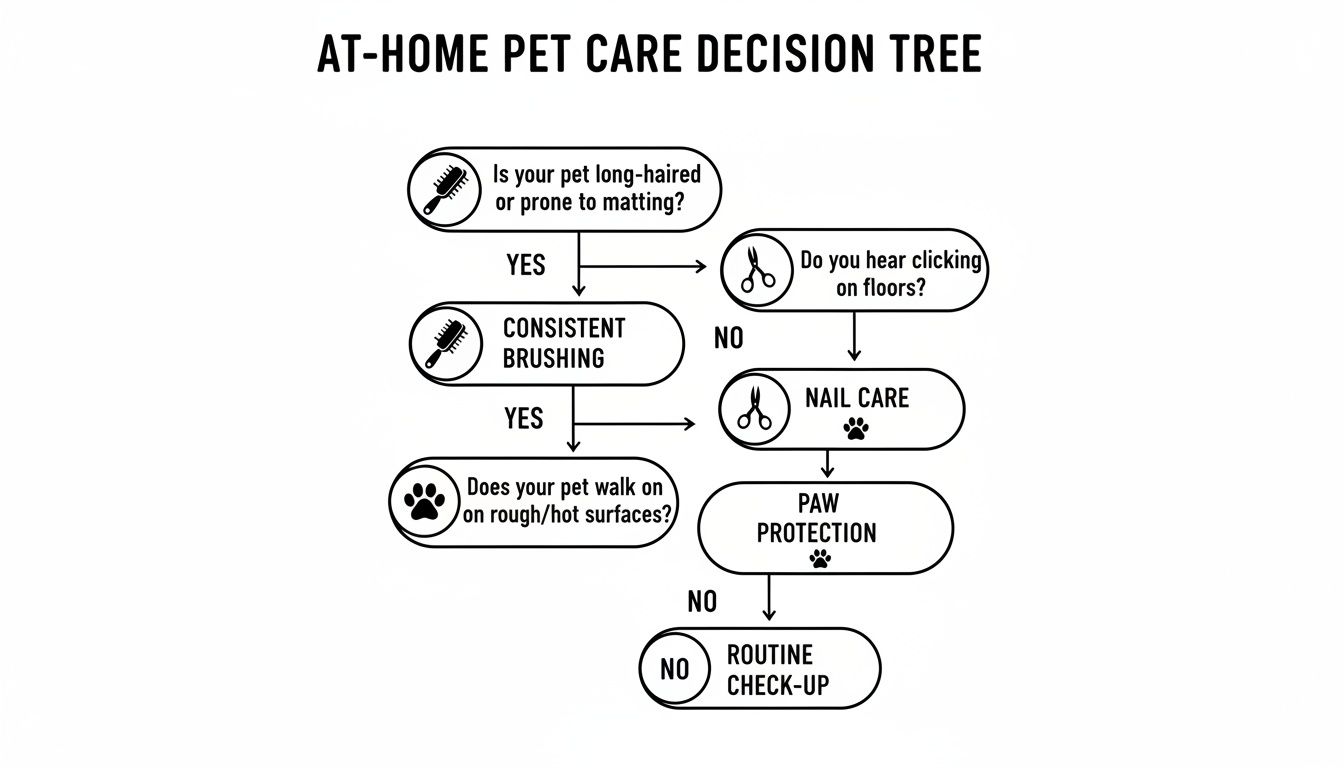 A decision tree flowchart outlining at-home pet care steps for grooming and health.