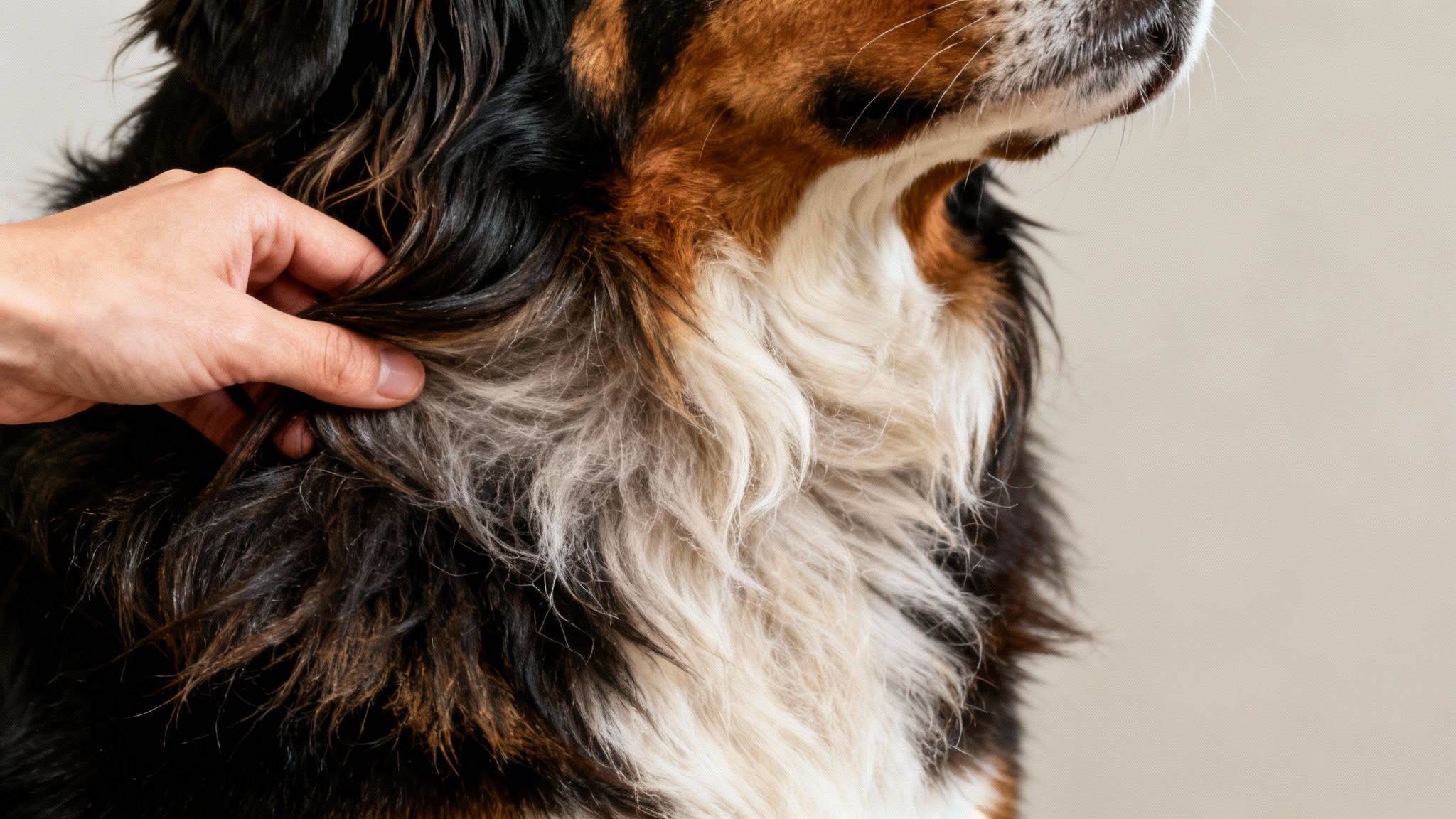 A close-up of a human hand gently touching the thick, tri-color fur of a Bernese Mountain Dog.