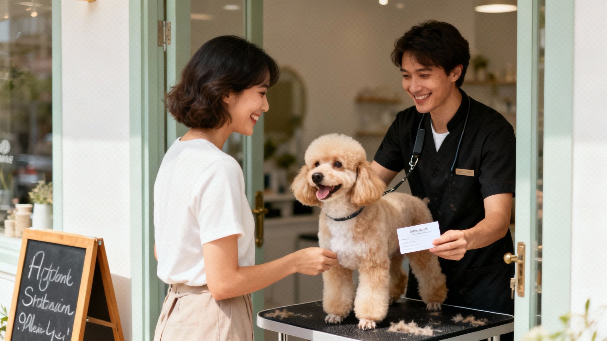 A groomer hands a business card to a dog owner with her happy poodle after a grooming session.