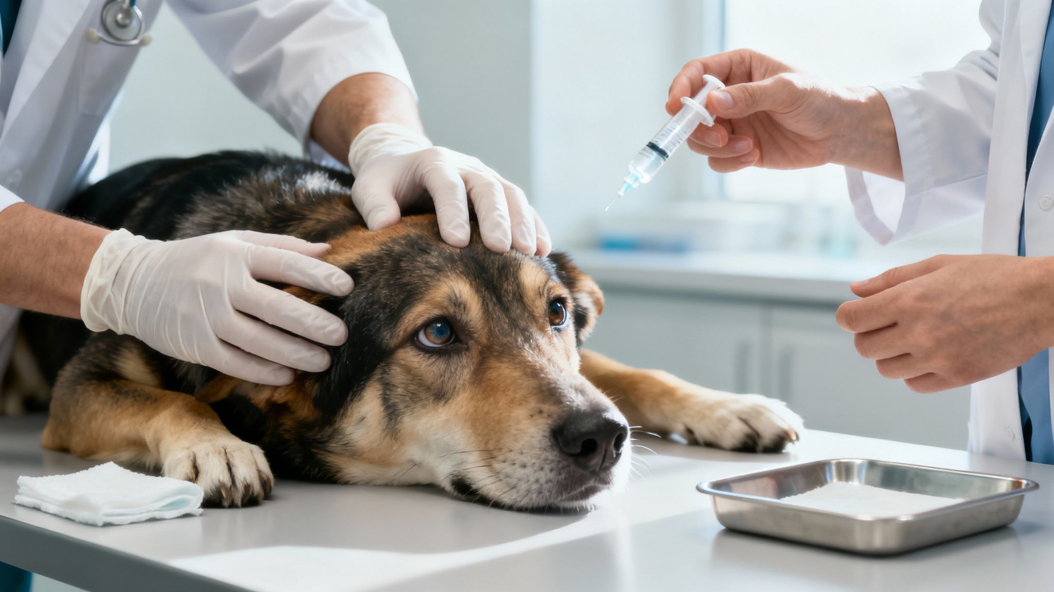 A distressed dog on an examination table, comforted by a vet, while another prepares a syringe.