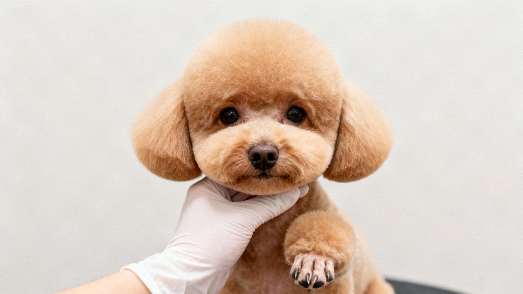 A freshly groomed apricot poodle with a puppy cut looking directly at the camera, held by a gloved hand.
