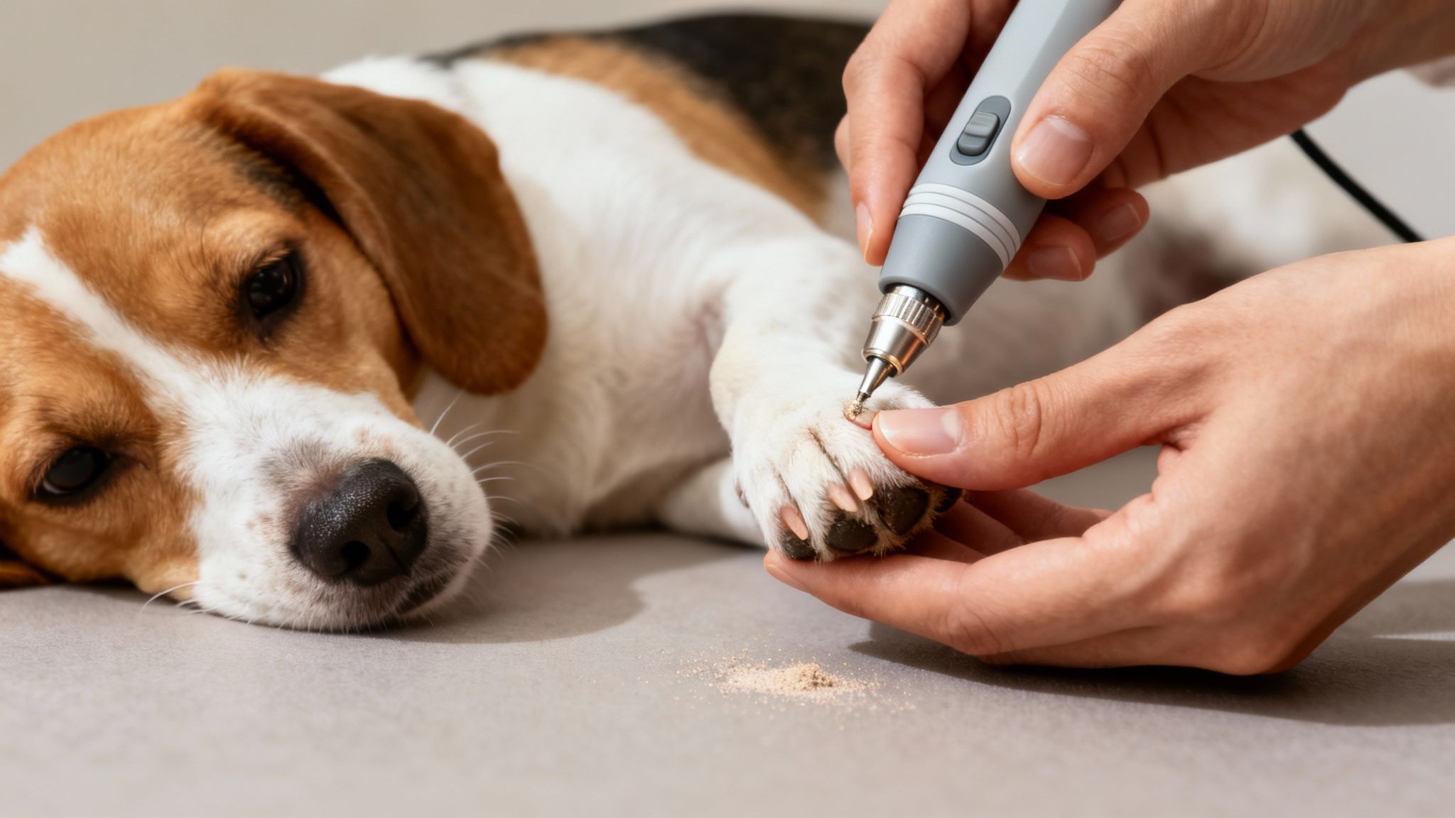 A close-up of a person using an electric nail grinder on a relaxed beagle dog's paw.