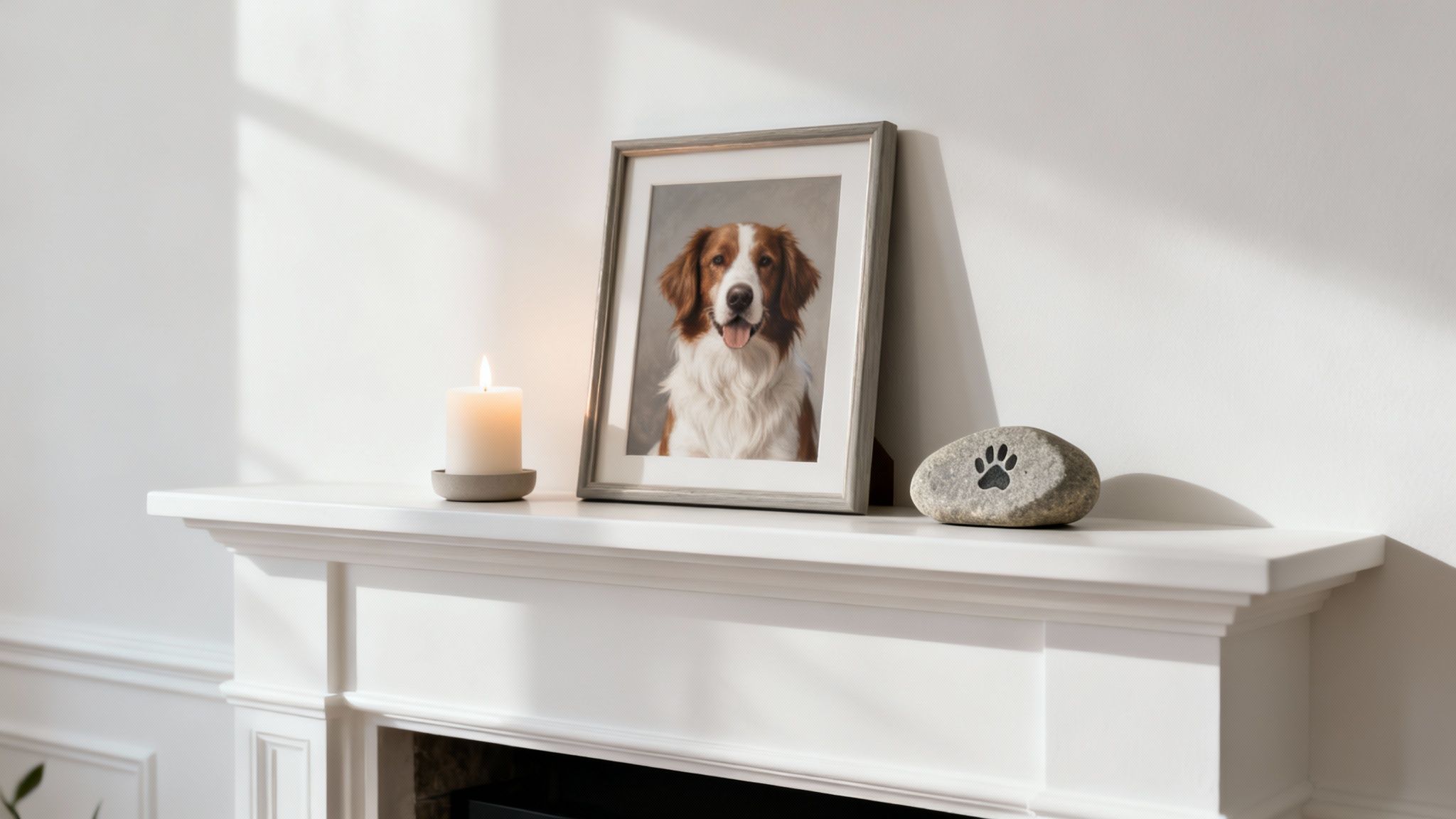 A lit candle, a framed dog photo, and a paw print stone sit on a white fireplace mantel.