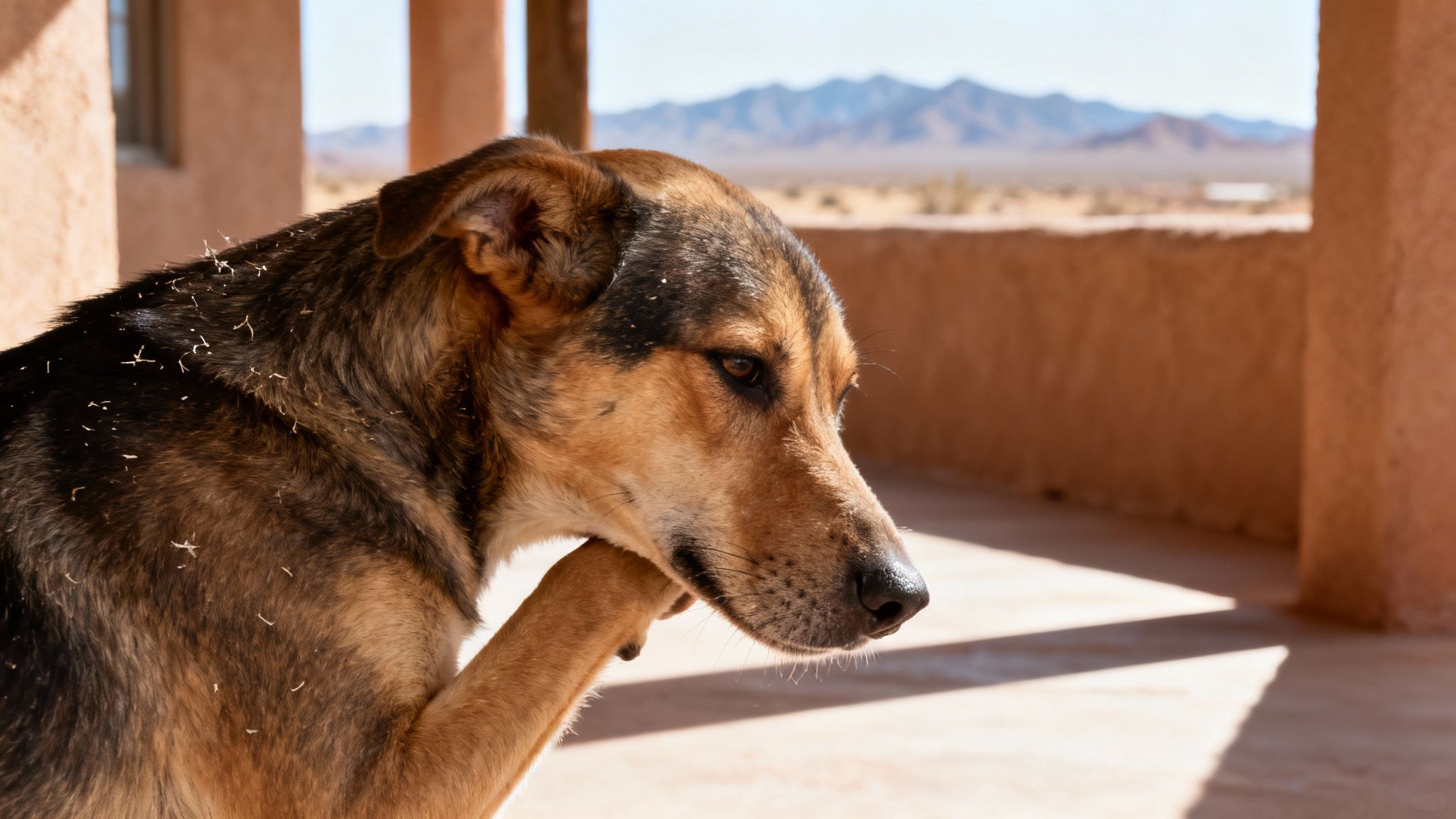 A brown and black dog with dry grass on its fur, scratching, on a desert patio.