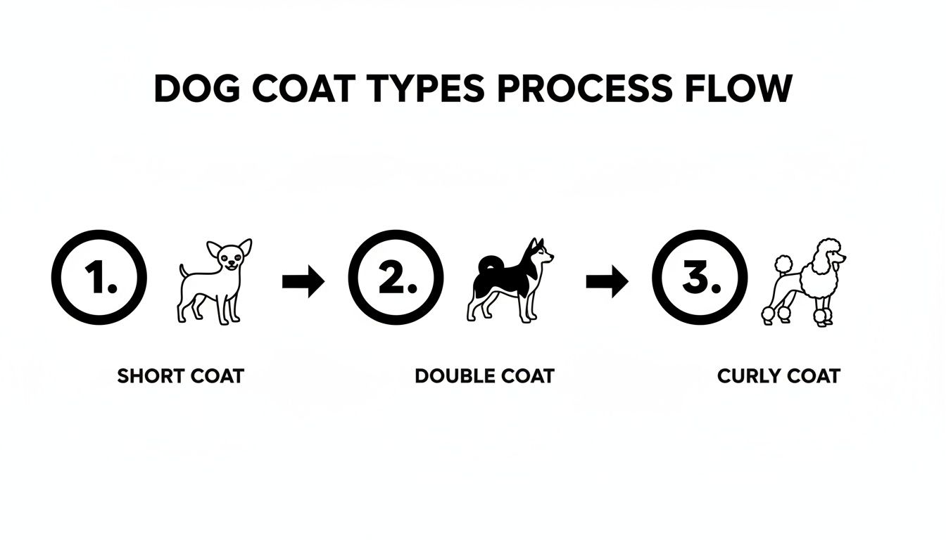 A process flow chart illustrating three dog coat types: short, double, and curly coats with example dog breeds.