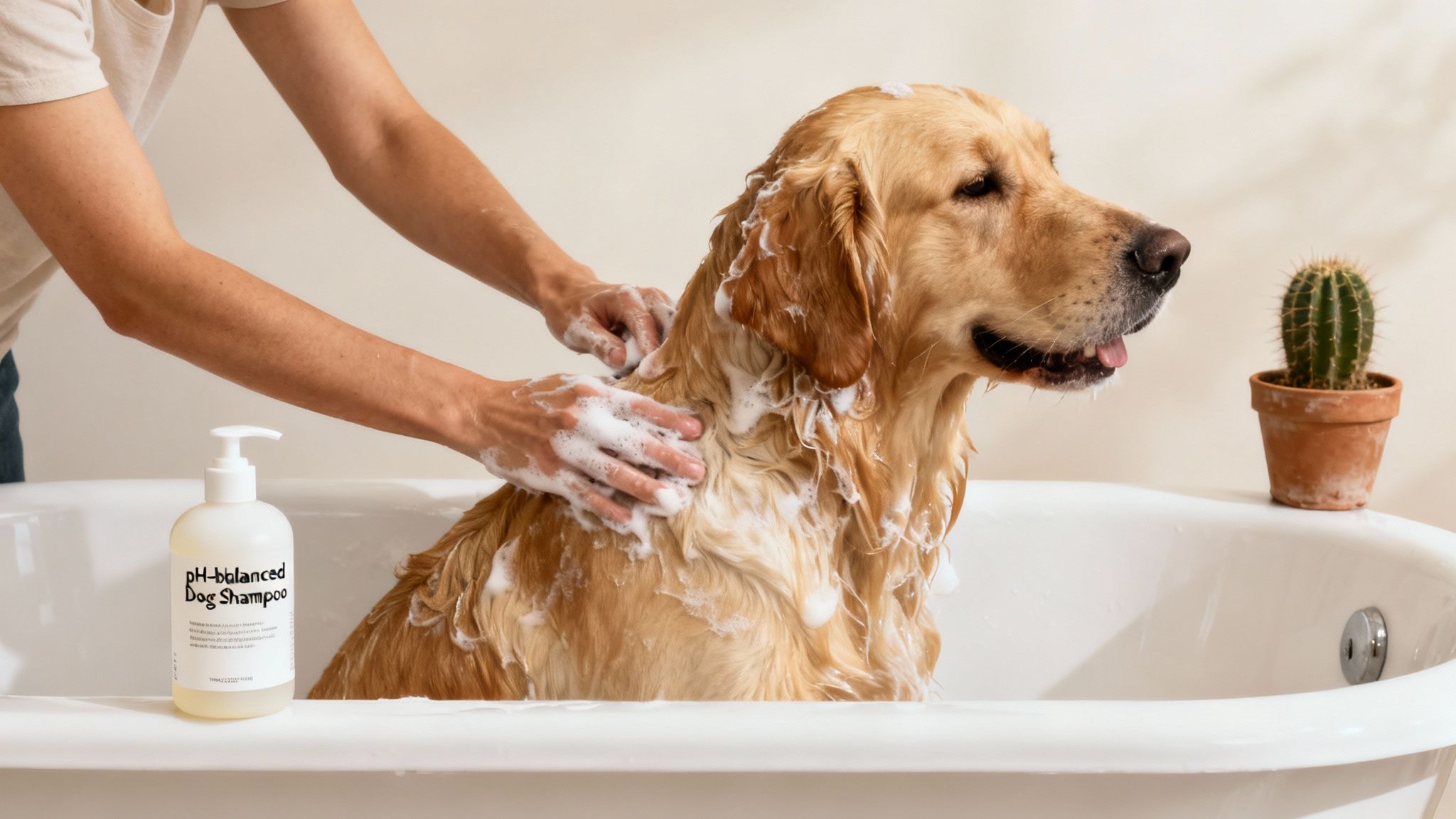A person gently washes a golden retriever dog with pH-balanced shampoo in a white bathtub.