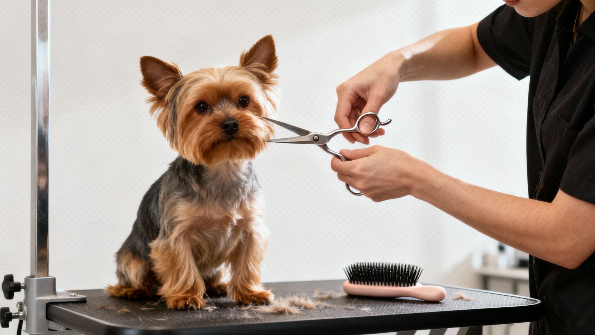 A groomer carefully trims the facial hair of a cute Yorkshire Terrier on a grooming table.