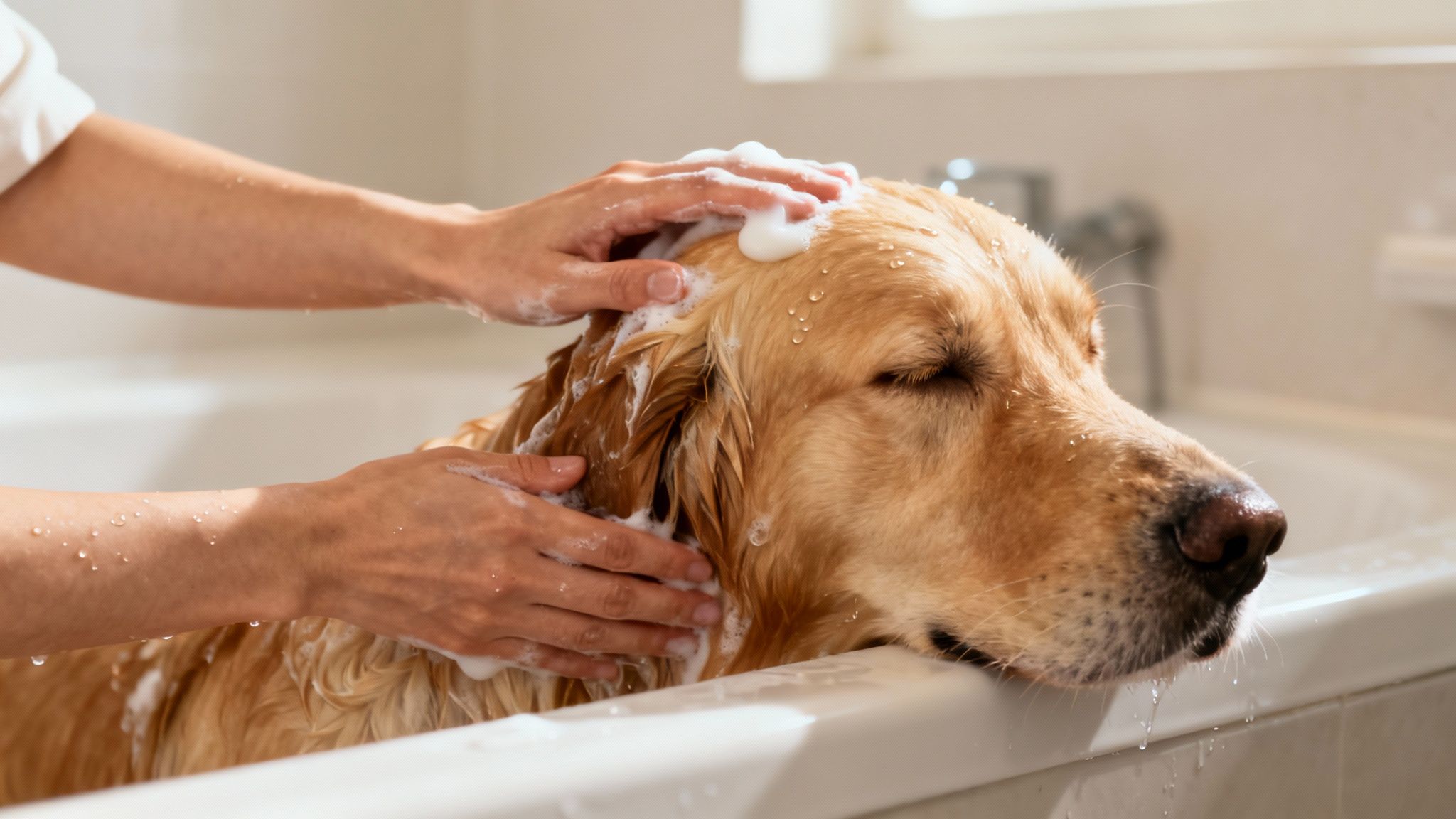 A golden retriever with eyes closed, enjoying a bath as human hands gently wash its fur with shampoo.