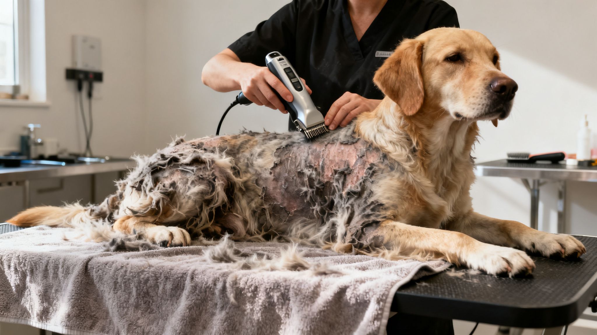 A professional groomer uses an electric shaver to remove severely matted fur from a golden retriever.