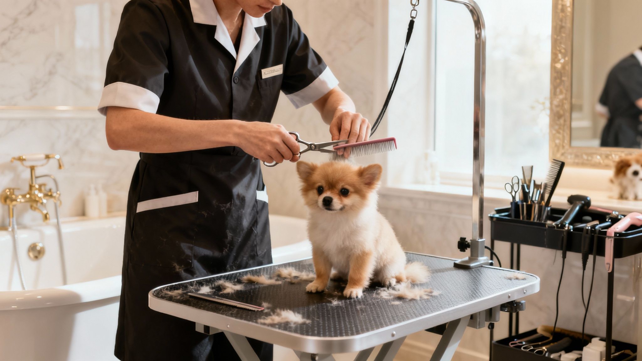 A groomer meticulously trims a fluffy Pomeranian puppy on a grooming table, surrounded by fallen fur.