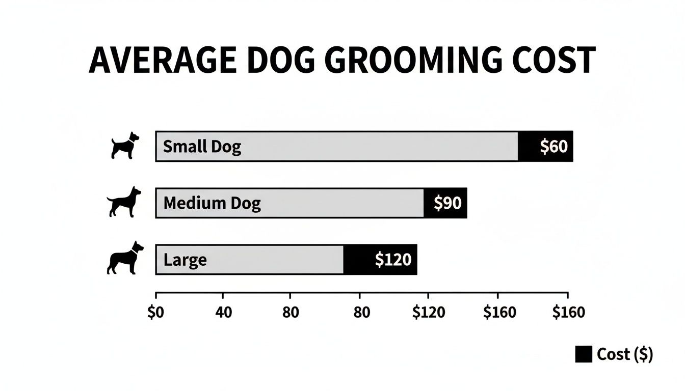 Bar chart illustrating average dog grooming costs by size: Small $60, Medium $90, Large $120.