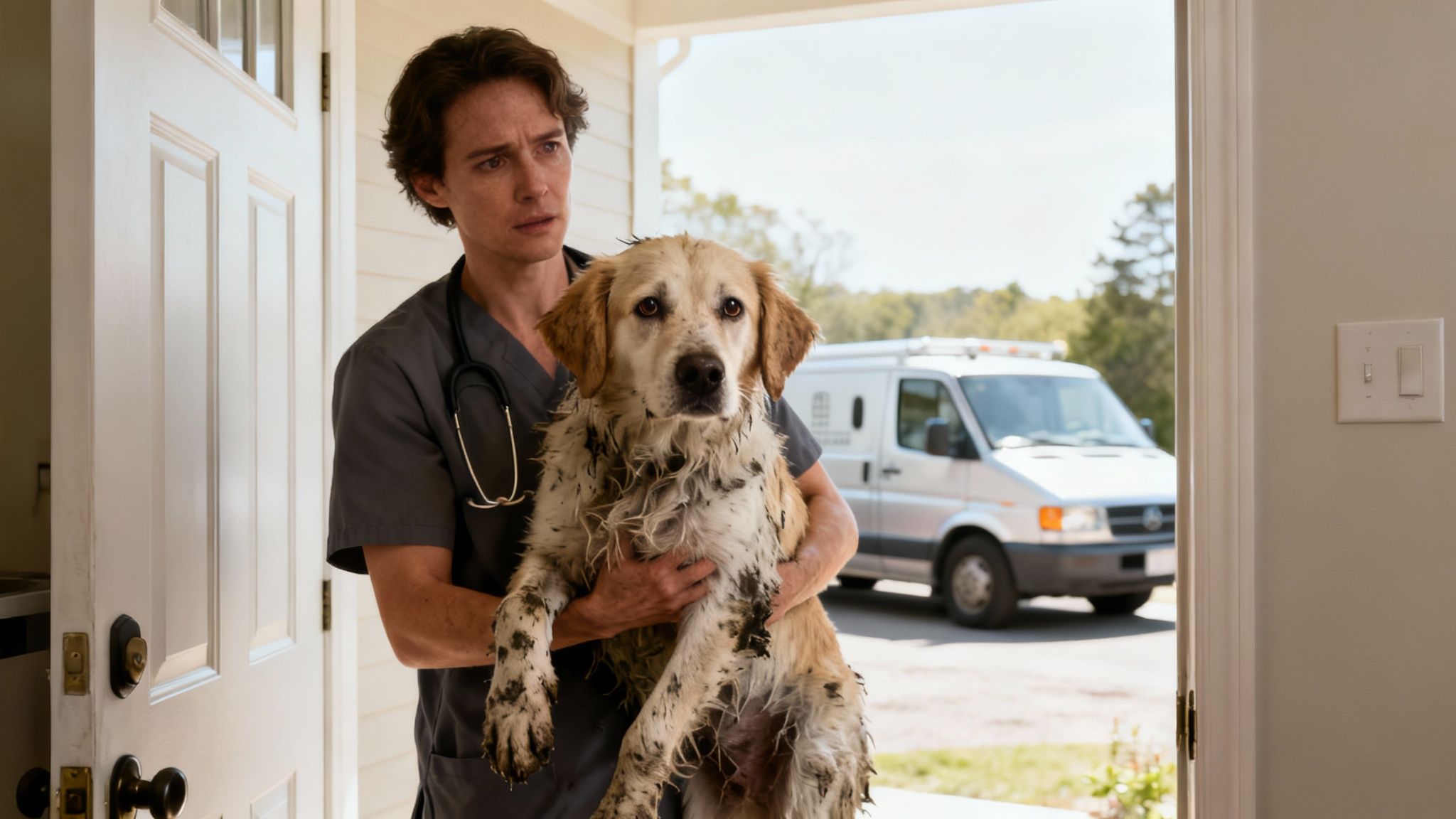 A concerned person in scrubs holds a heavily muddied golden retriever dog in a doorway.