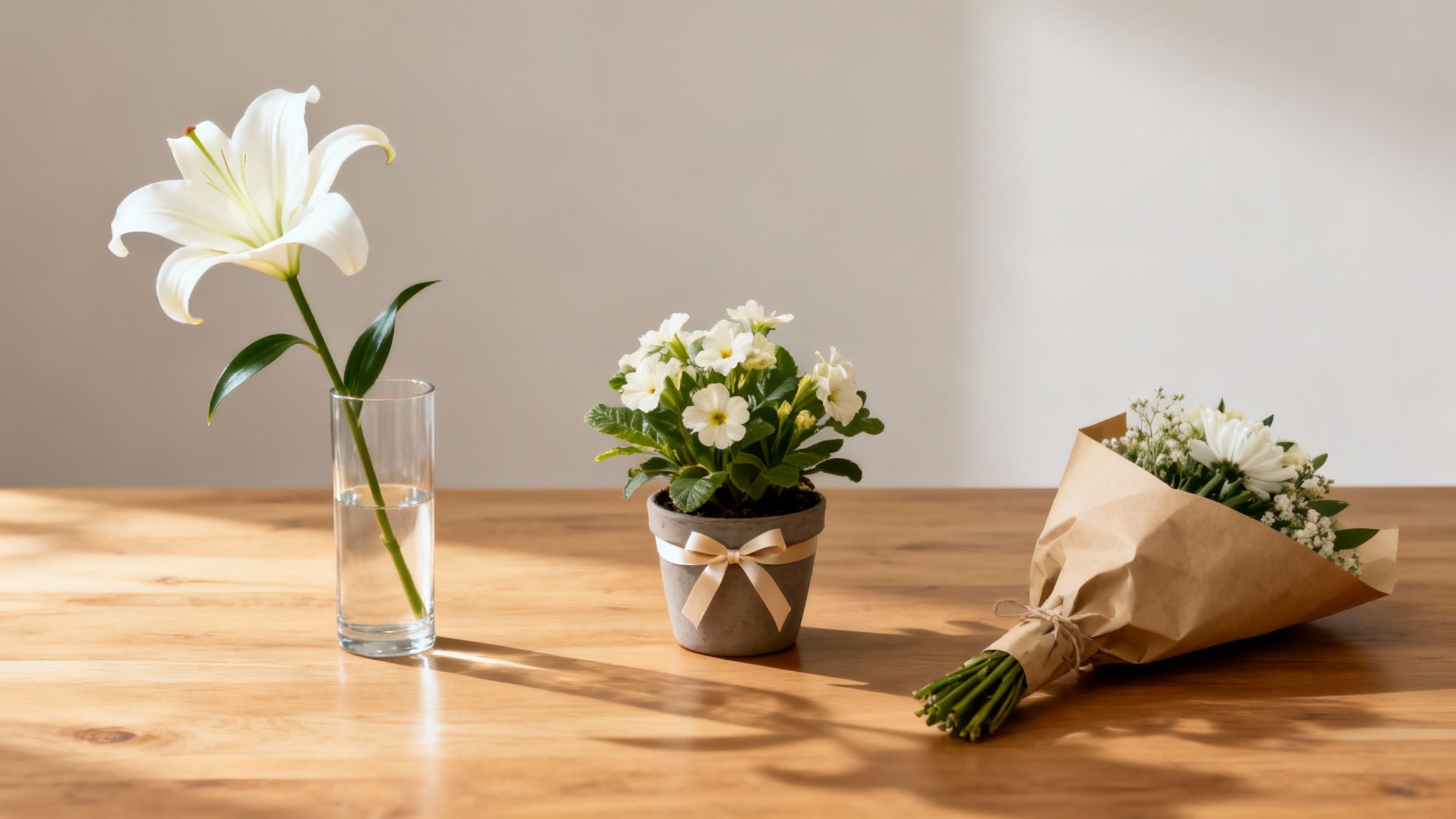 Three distinct white floral arrangements on a wooden table, including a lily, a potted plant, and a wrapped bouquet.