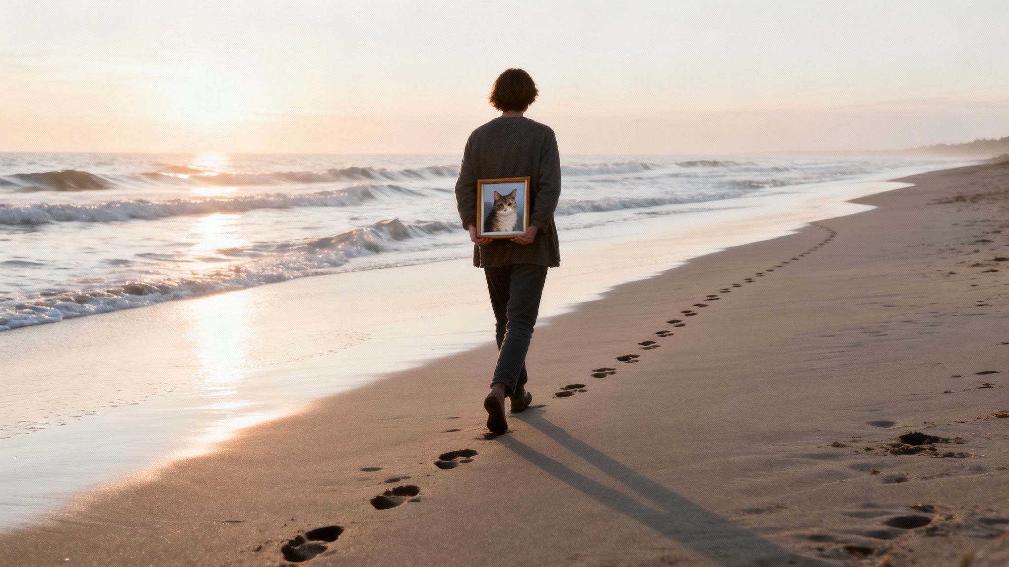 A person walks along a sunlit beach at sunset, holding a framed photo of a beloved cat.
