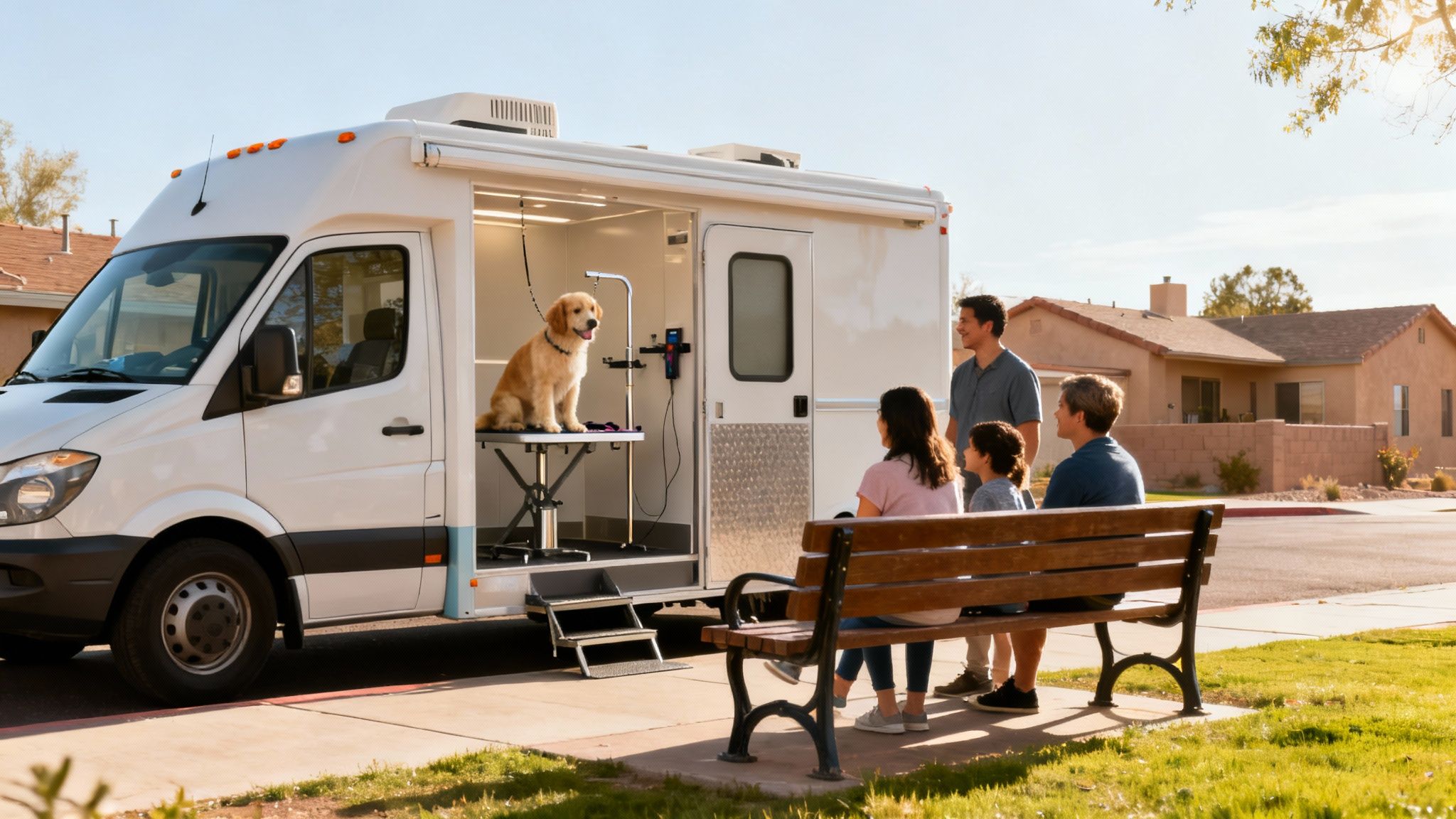 A mobile pet grooming van is parked on a street with a golden retriever on the grooming table, observed by a family.