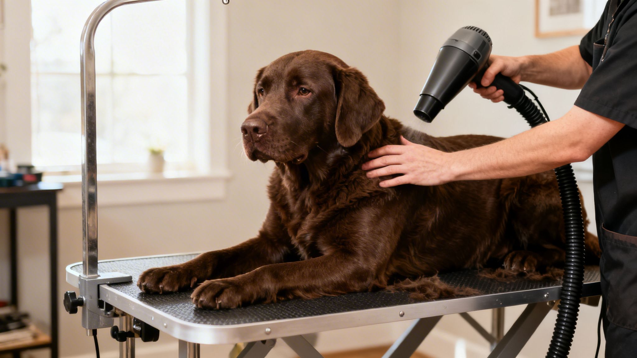 A groomer gently dries a brown Chesapeake Bay Retriever on a grooming table with a pet dryer.