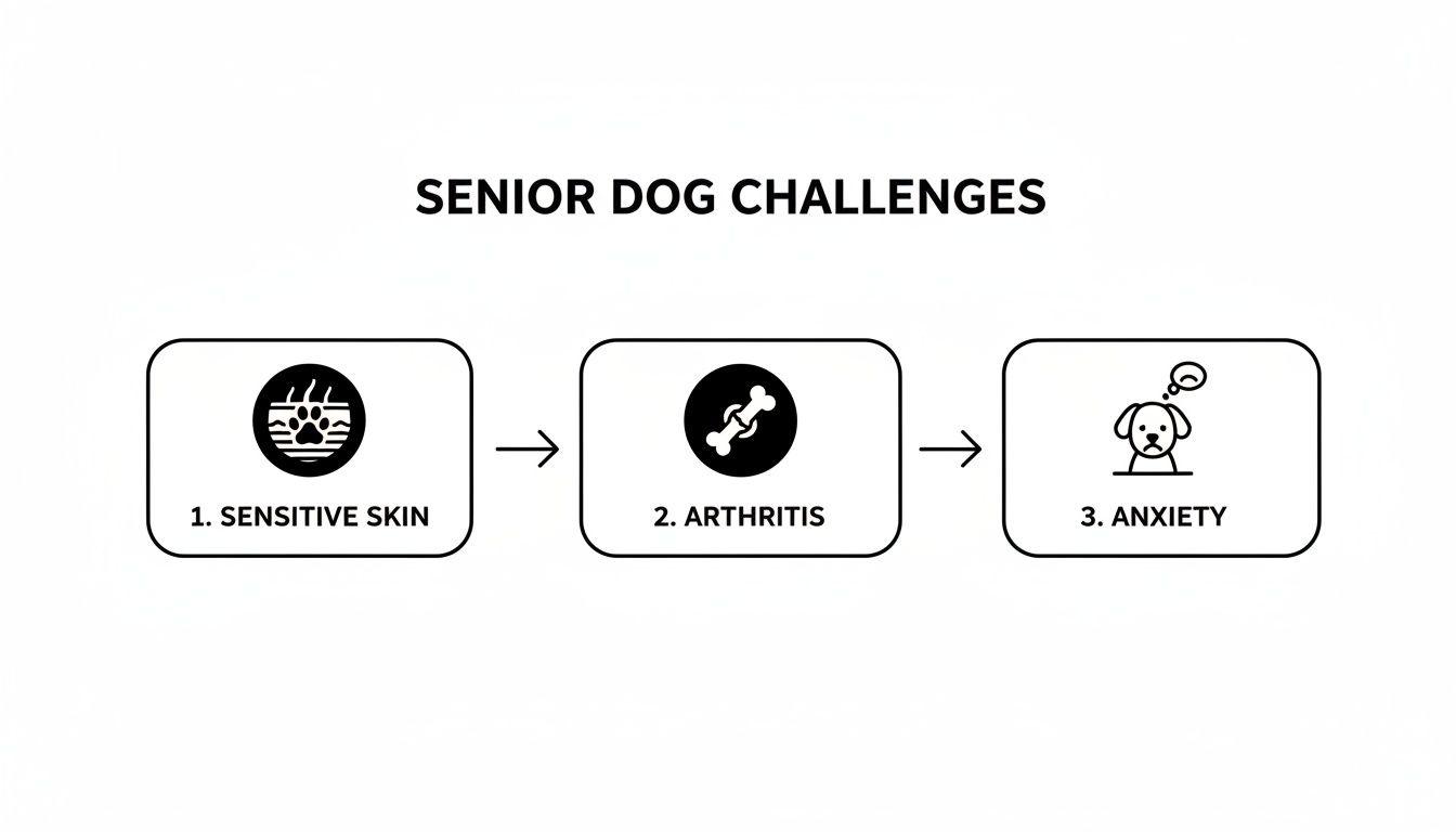 A diagram illustrating three senior dog challenges: sensitive skin, arthritis, and anxiety, with descriptive icons.