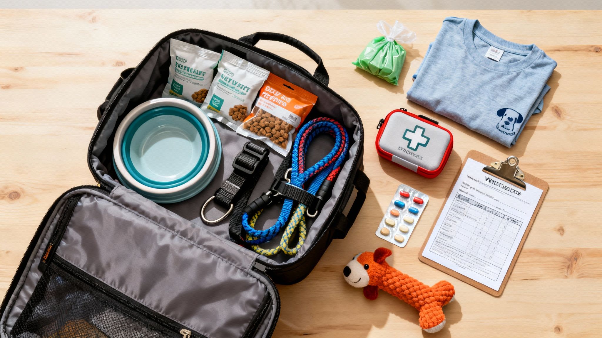 A comprehensive dog travel kit with food, bowls, first aid, toys, and veterinary documents on a wooden table.
