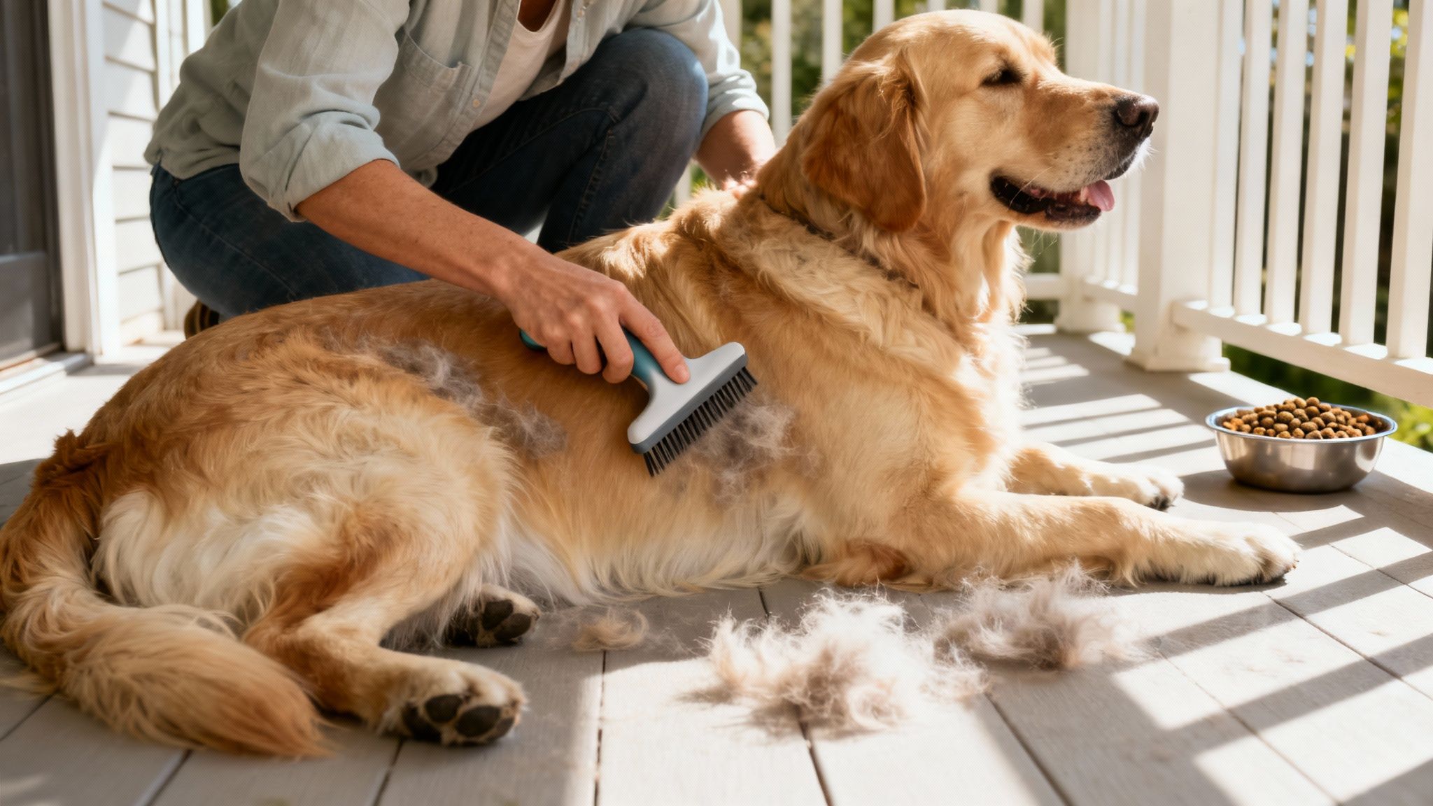 A person uses a brush to deshed a contented golden retriever on a sunny deck.
