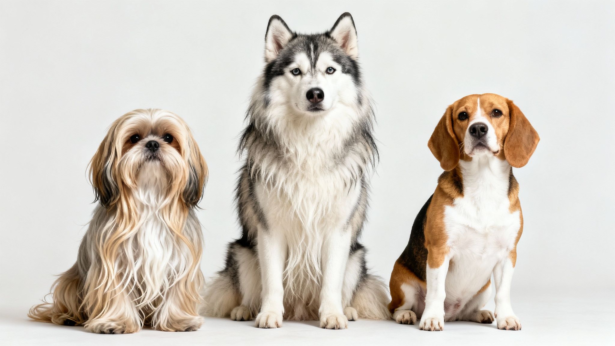 Three distinct dog breeds: a Shih Tzu, a Siberian Husky, and a Beagle, sit side-by-side.