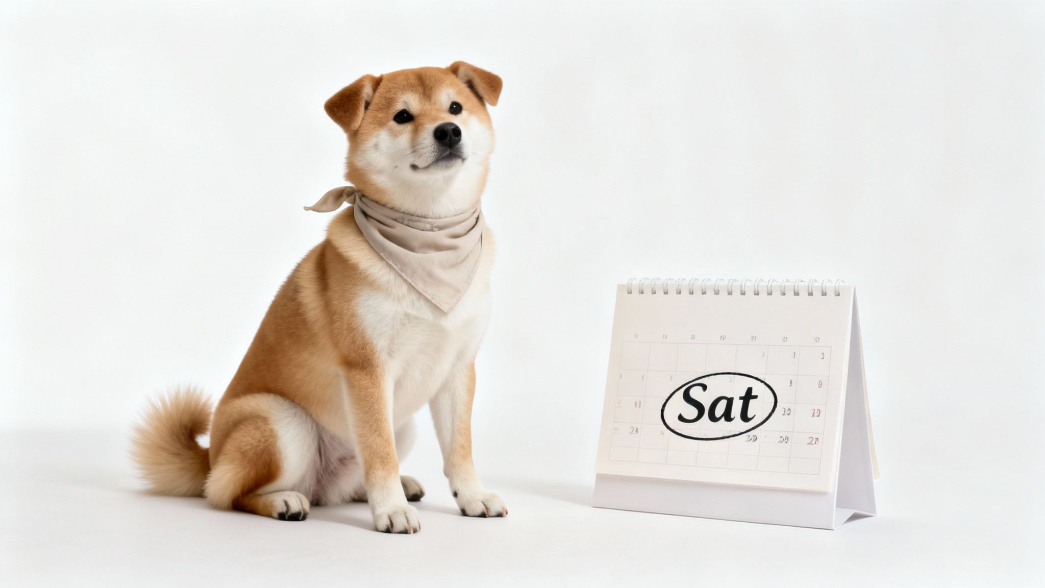 A happy Shiba Inu dog wearing a bandana sits next to a desk calendar with 'Sat' circled.
