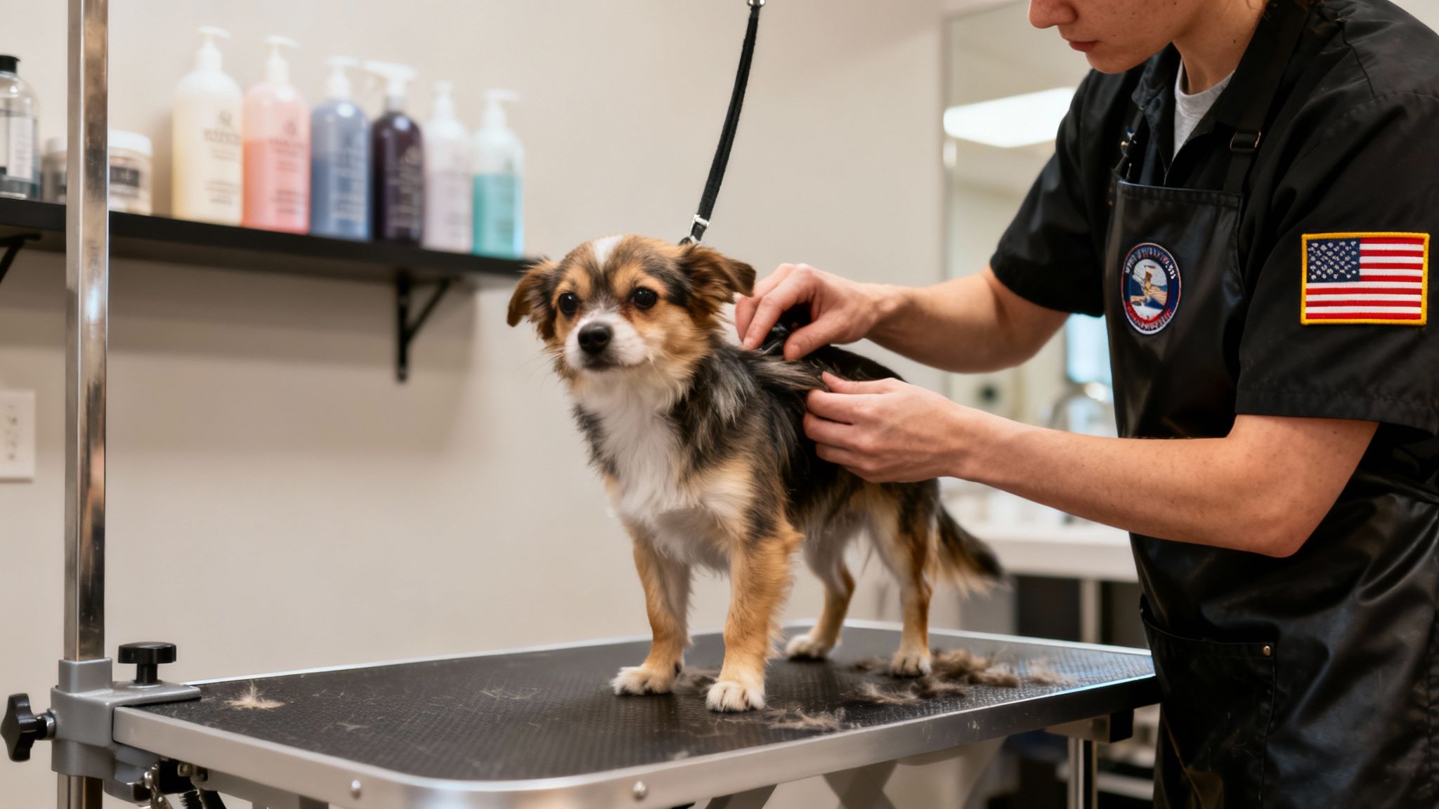 A professional groomer brushes a small, tri-color dog on a grooming table with pet care products in the background.