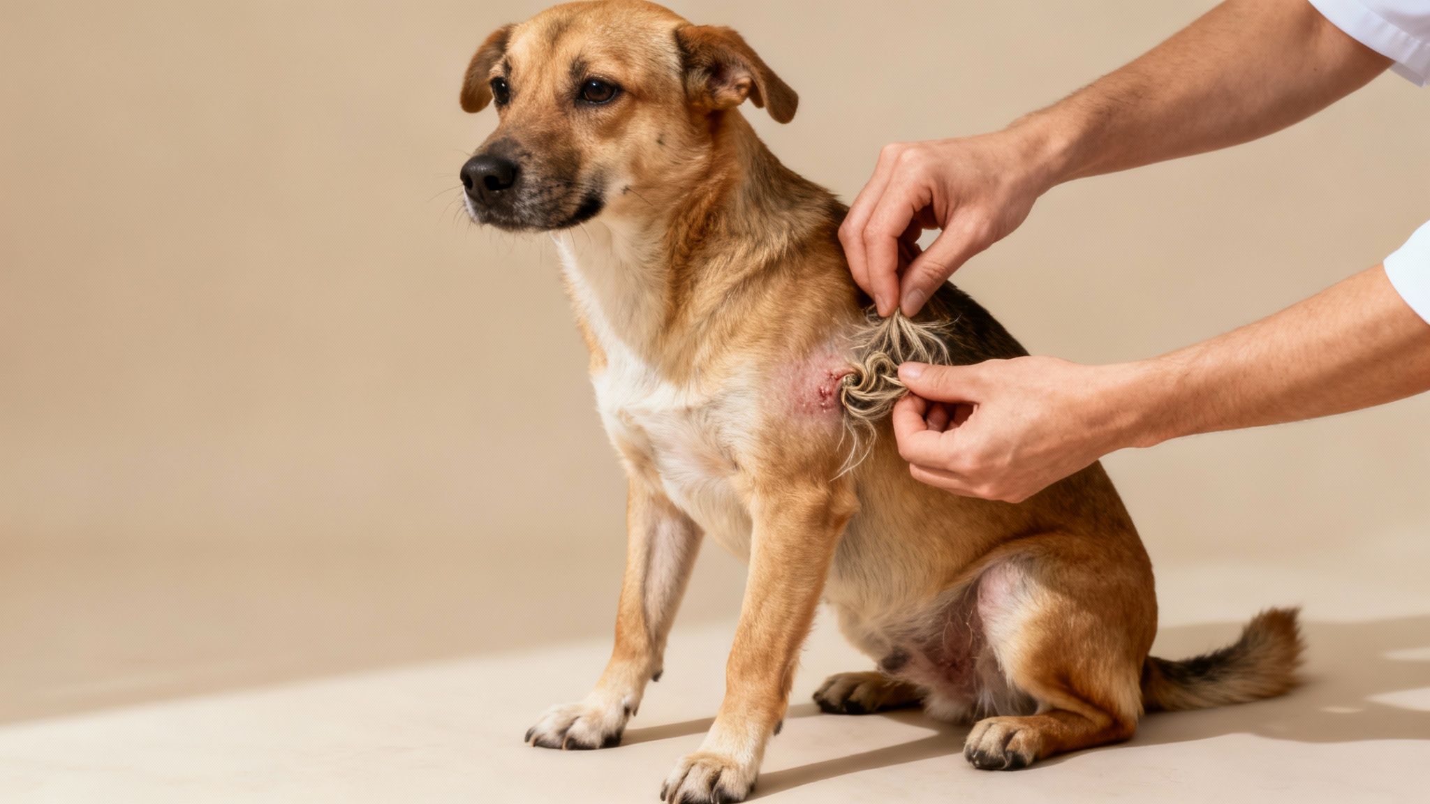 A person's hands gently separate matted fur on a brown dog's shoulder, revealing irritated skin.