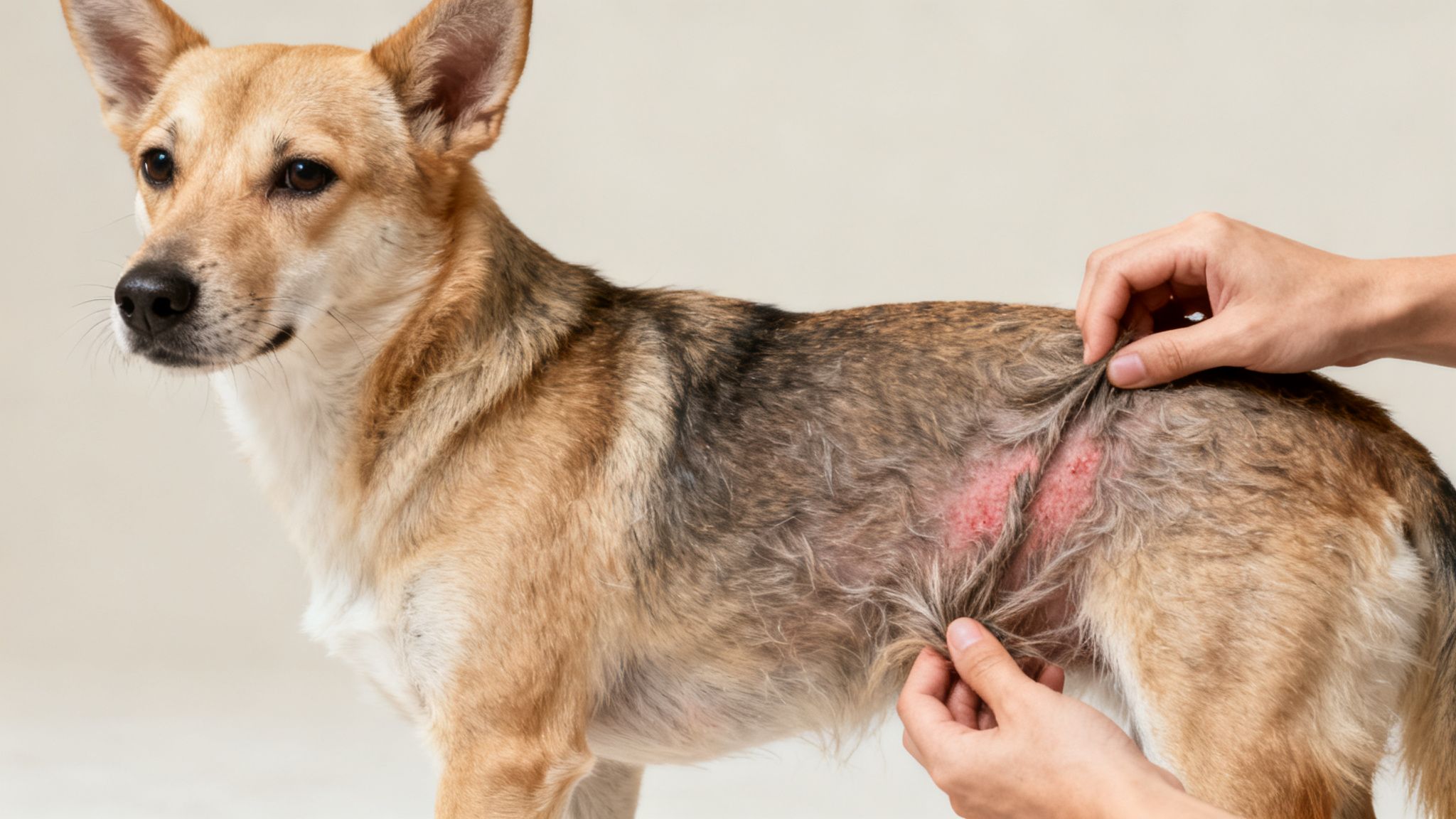 A person's hands examine a dog with a severe red skin rash and inflamed skin on its side.