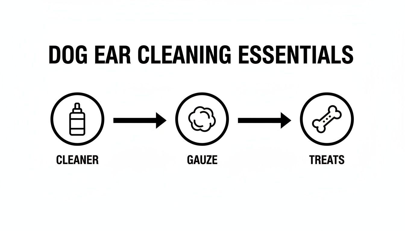 A graphic displaying dog ear cleaning essentials in sequence: cleaner, gauze, and reward treats.