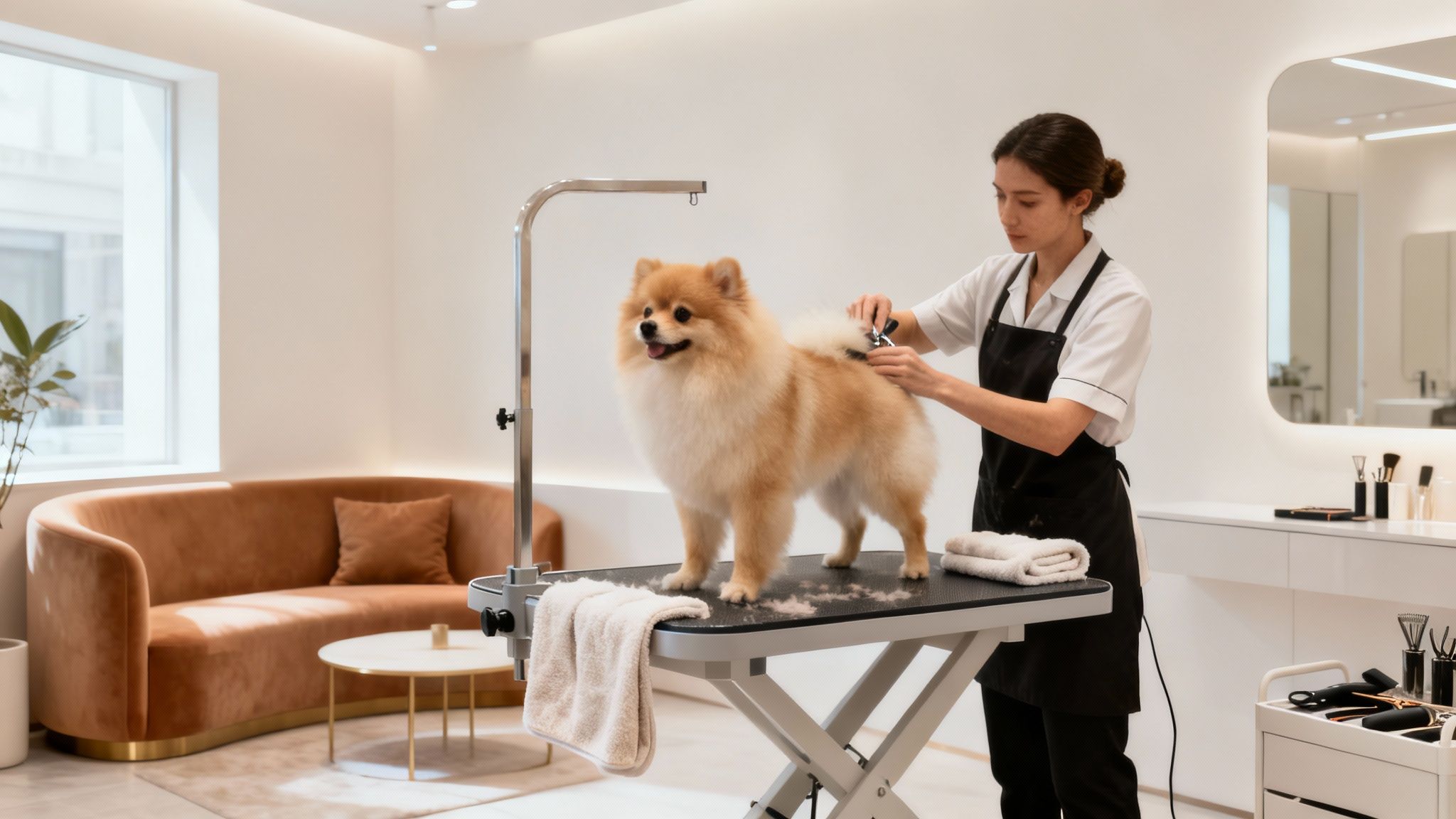 A professional pet groomer trims a happy Pomeranian dog on a table in a bright salon.