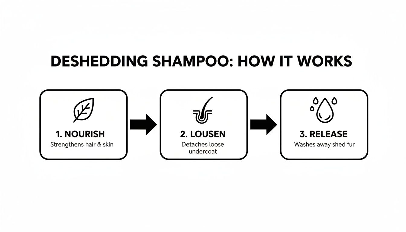 A flowchart illustrating how deshedding shampoo works, detailing nourish, loosen, and release steps.