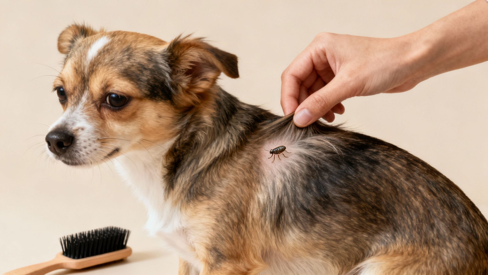 A person checking a small dog's fur, revealing a large flea on its skin, with a brush nearby.
