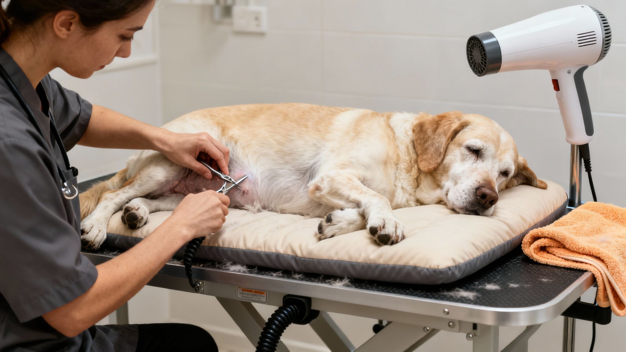 A professional groomer carefully trims the fur of a calm, sleeping Labrador on a grooming table.